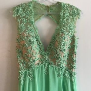 Green open back long dress
